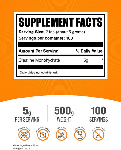 BulkSupplements.com Creatine Monohydrate Powder - Micronized Creatine Powder, Unflavored - Pure & Gluten Free, 5g per Serving, 500g (1.1 lbs) (Pack of 1)