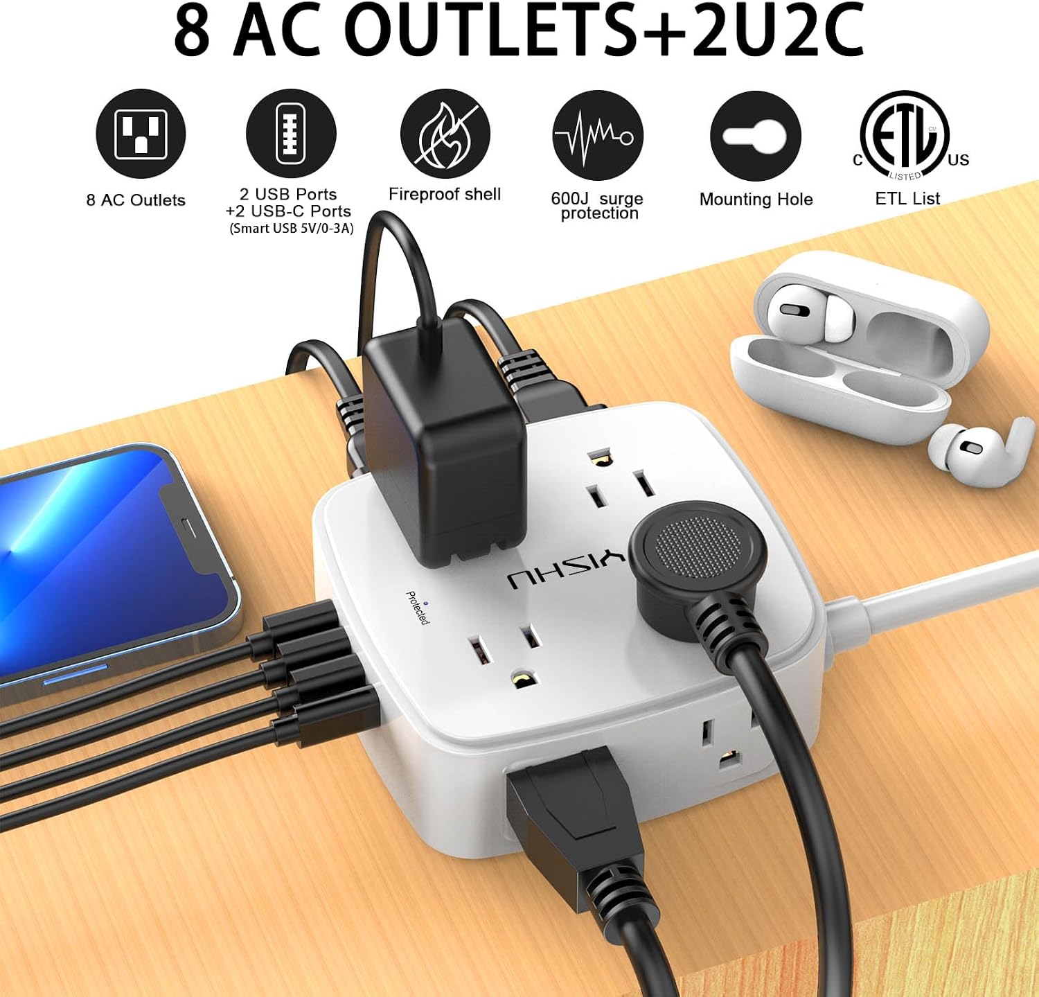 YISHU 6Ft Surge Protector Power Strip with 8 Widely Outlets & 4 USB Ports