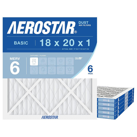 Aerostar 18x20x1 MERV 6 Pleated Air Filter, AC Furnace Air Filter, 6 Pack (Actual Size: 17 3/4"x 19 3/4" x 3/4")