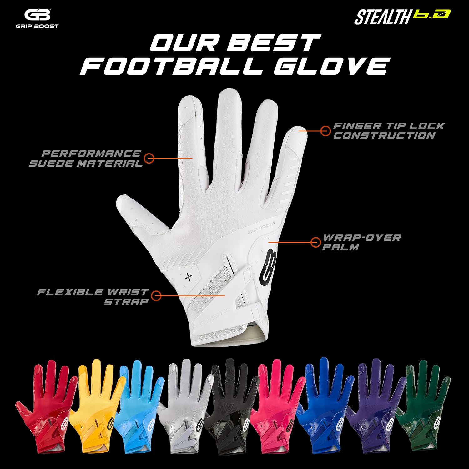 Grip Boost Football Gloves - Solid Stealth 6.0 Boost Plus Sticky Technology - Adult and Youth Football Gloves for Wide Receiver - Men's and Boys Sizes
