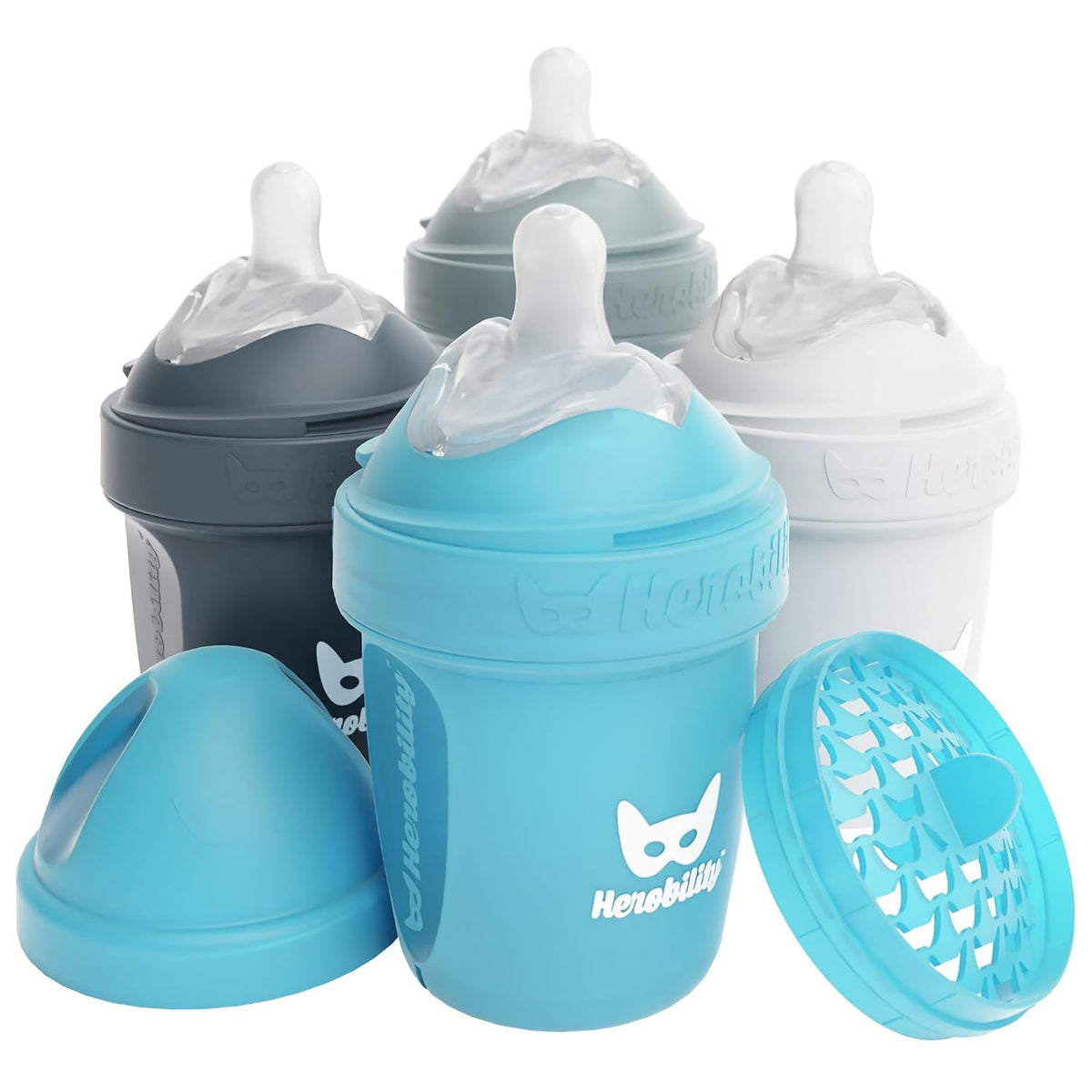 Herobility Anti-Colic Baby Bottles 5 oz /140 ml – Pack of 4 Newborn Baby Bottles, Slow Flow Plastic Bottles, Breast-Shaped Teat for Breastfed Babies - Multicolor - White, Gray, Iron Blue, Blue