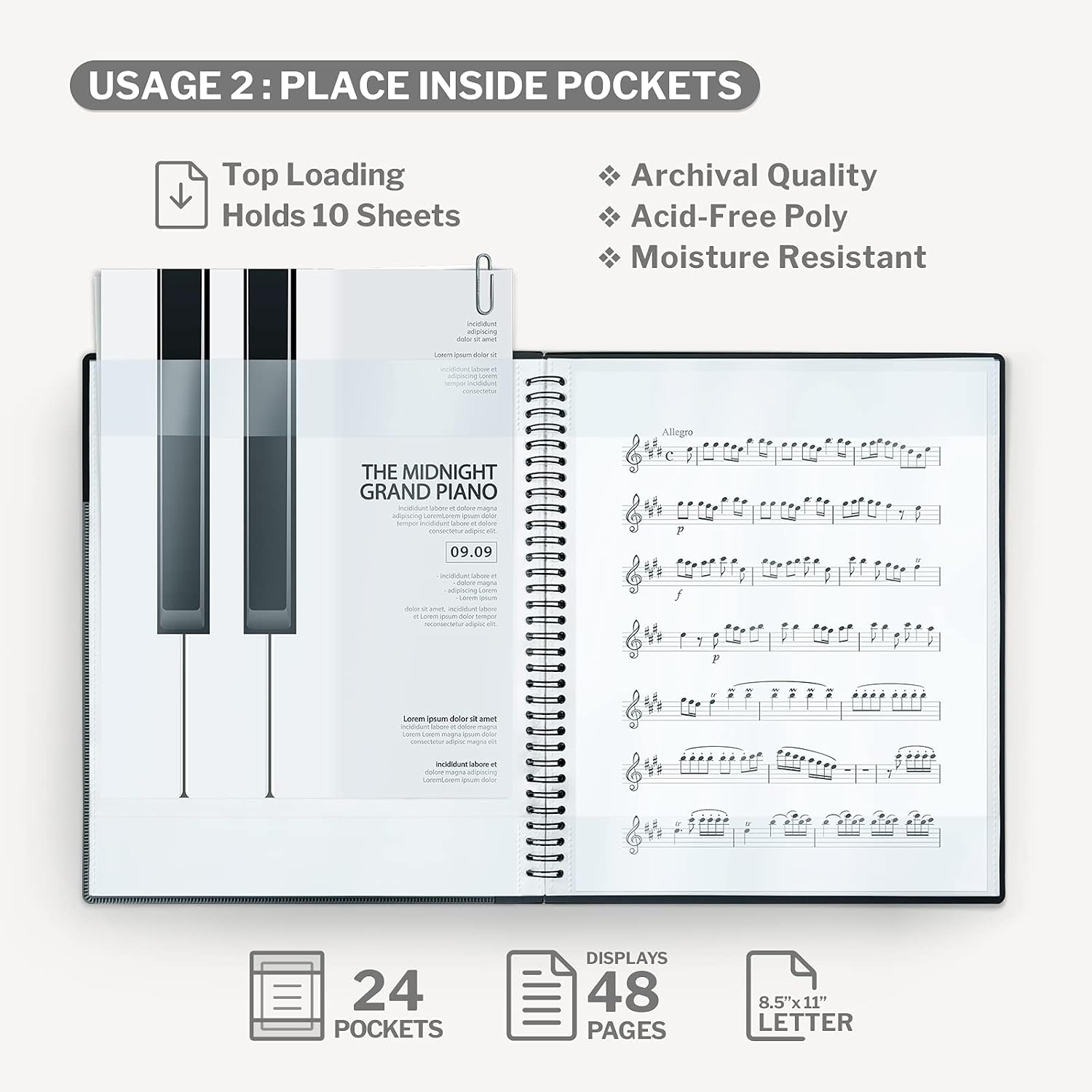 CRANBURY Sheet Music Folder 8.5x11, Dual-Use Music Binder, Pink
