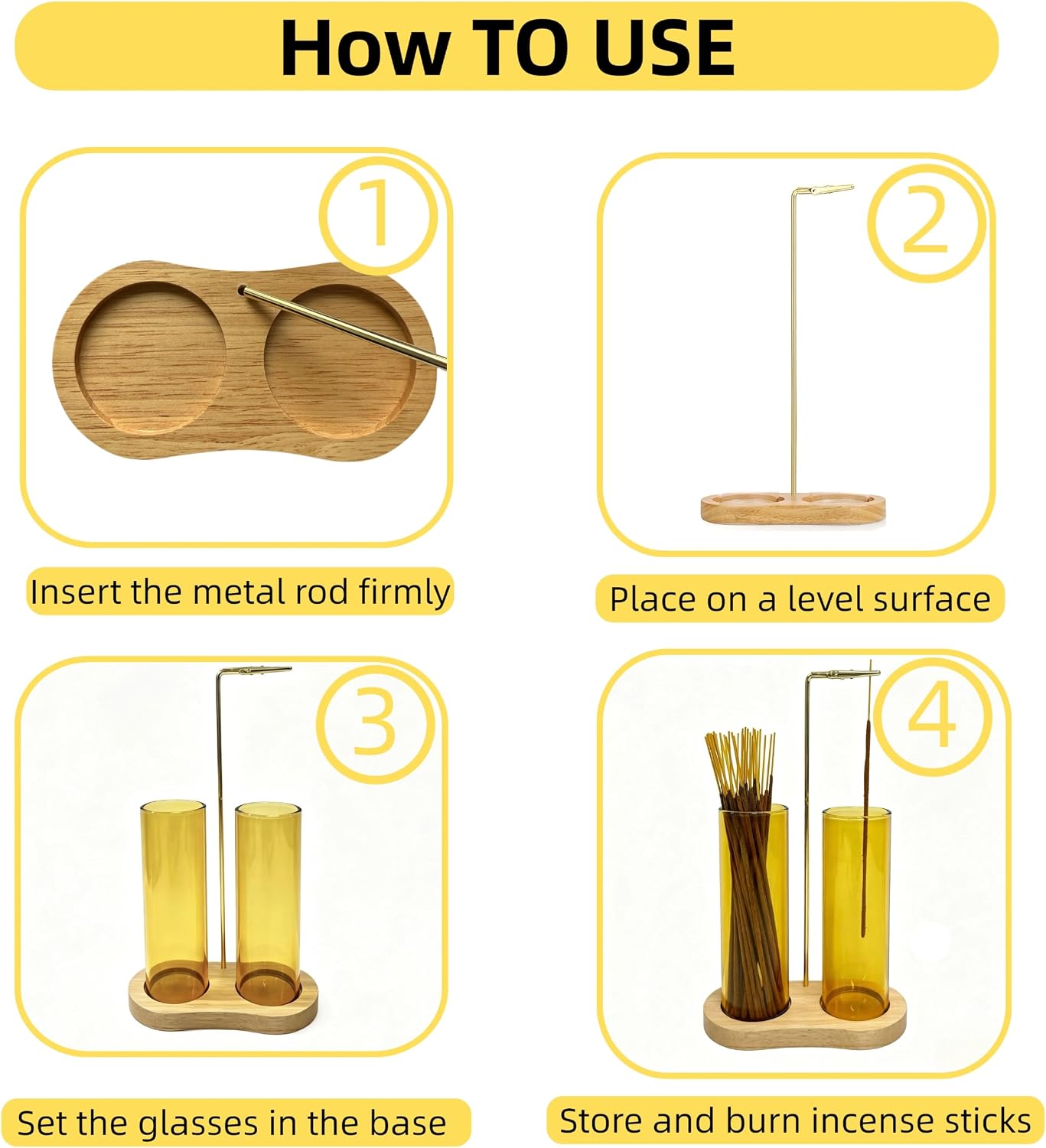Yellow Glass Incense Holder, Incense Sticks Burner Holder with Storage,Hang Upside Down Incense Holder for Sticks with Glass Ash Catcher for Meditation Yoga Spa Room Decor (Yellow)