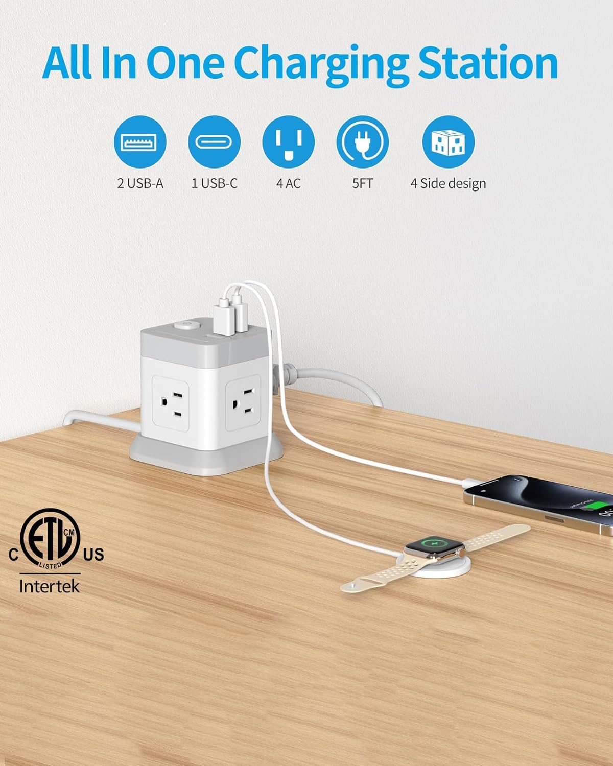 FDTEK 2 Prong Power Strip USB C, 4 Outlets 3 USB 5 FT Extension Cord White