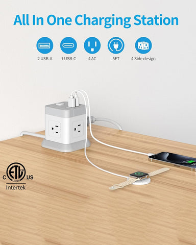 FDTEK 2 Prong Power Strip USB C, 4 Outlets 3 USB 5 FT Extension Cord White
