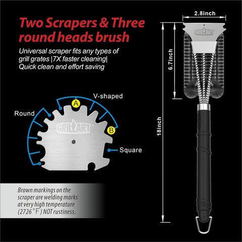 GRILLART Grill Brush and Universal Fit Scrapers, 18" BBQ Wire Cleaning Kit