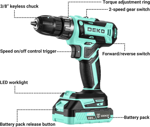 Power Drill Cordless: DEKO PRO Cordless Drill 20V Electric Power Drill Set Tool for Women Drills with Battery and Charger 20 Volt Drills Driver Kit Turquoise