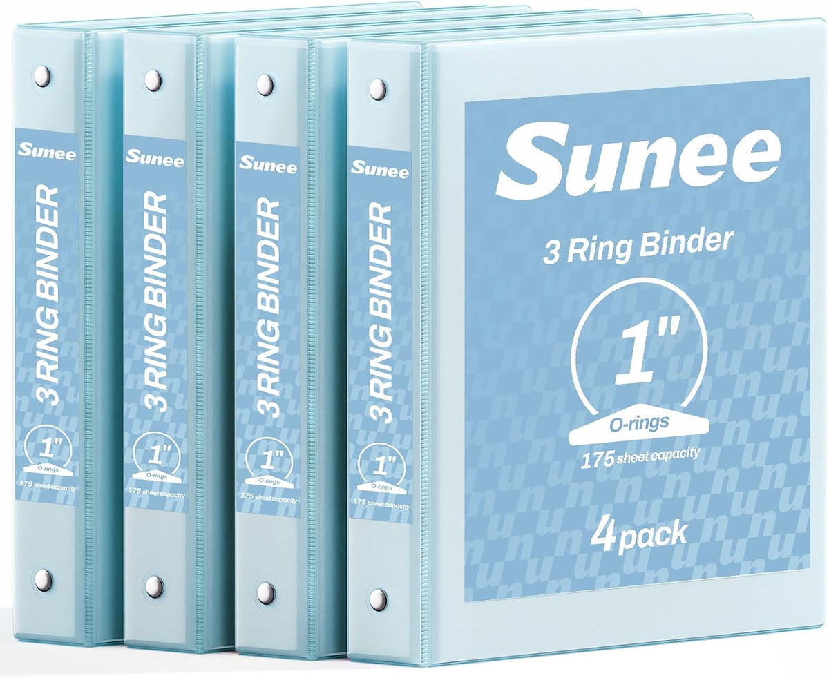 SUNEE 3 Ring Binder 1 Inch 4 Pack, Clear View 1" Binders Three Ring PVC-Free (Fit 8.5x11 Inches) for School or Office Supplies, Blue
