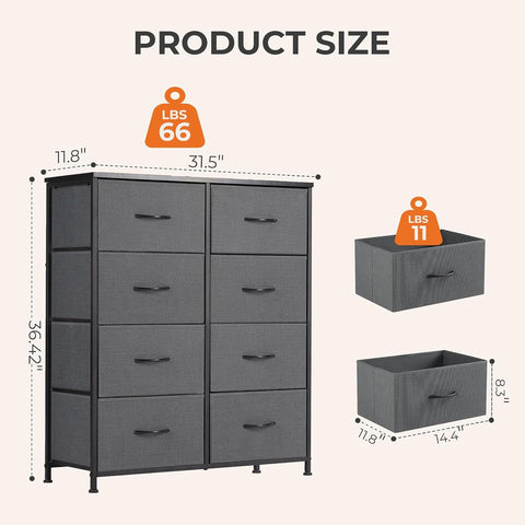 Sweetcrispy Dresser for Bedroom, Fabric Dresser with 8 Drawers, Ash