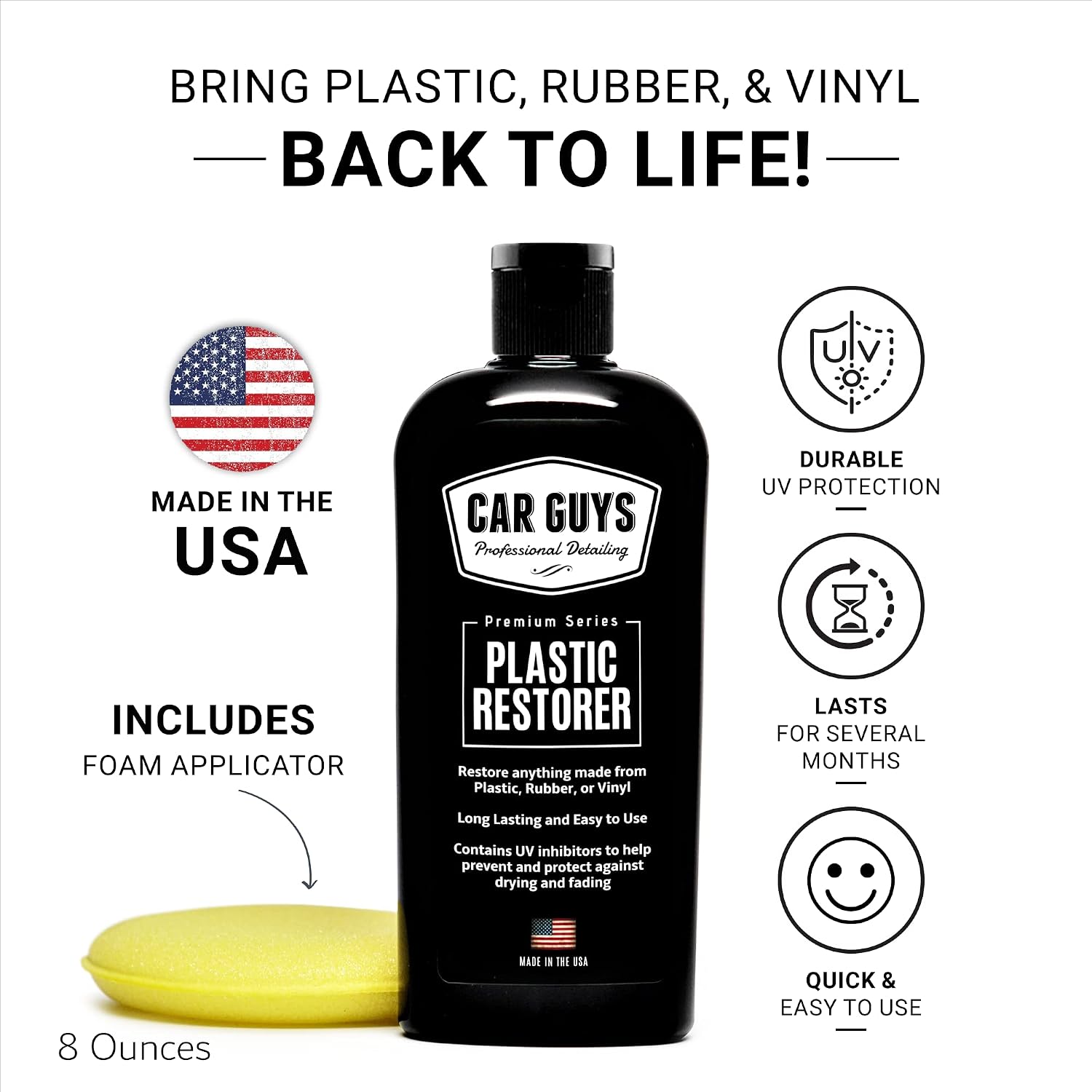 CarGuys Plastic Restorer | Bring Plastic, Rubber, and Vinyl Back to Life! | User-Friendly Trim Restorer | Safe Auto Detailing Supplies | 8 Oz Kit with Foam Applicator