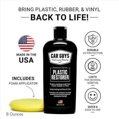 CarGuys Plastic Restorer | Bring Plastic, Rubber, and Vinyl Back to Life! | User-Friendly Trim Restorer | Safe Auto Detailing Supplies | 8 Oz Kit with Foam Applicator