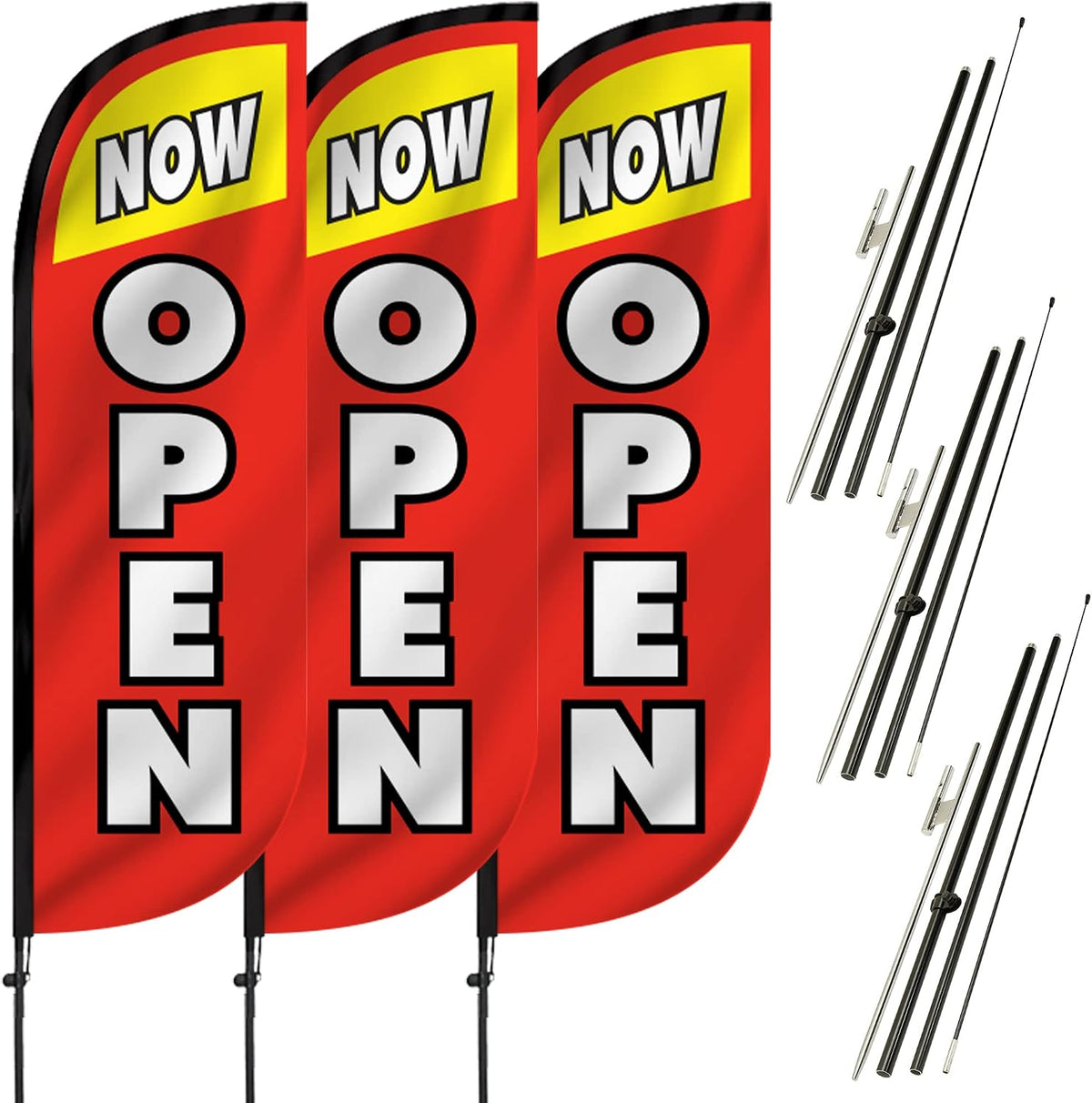 LookOurWay Feather Flag Pole Kit 3-Pack Bundle - 7ft Tall Grand Opening Advertising Banners with Poles and Ground Spikes - Now Open Red & Yellow