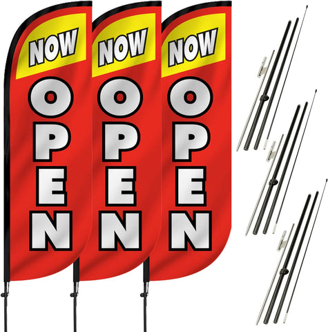 LookOurWay Feather Flag Pole Kit 3-Pack Bundle - 7ft Tall Grand Opening Advertising Banners with Poles and Ground Spikes - Now Open Red & Yellow