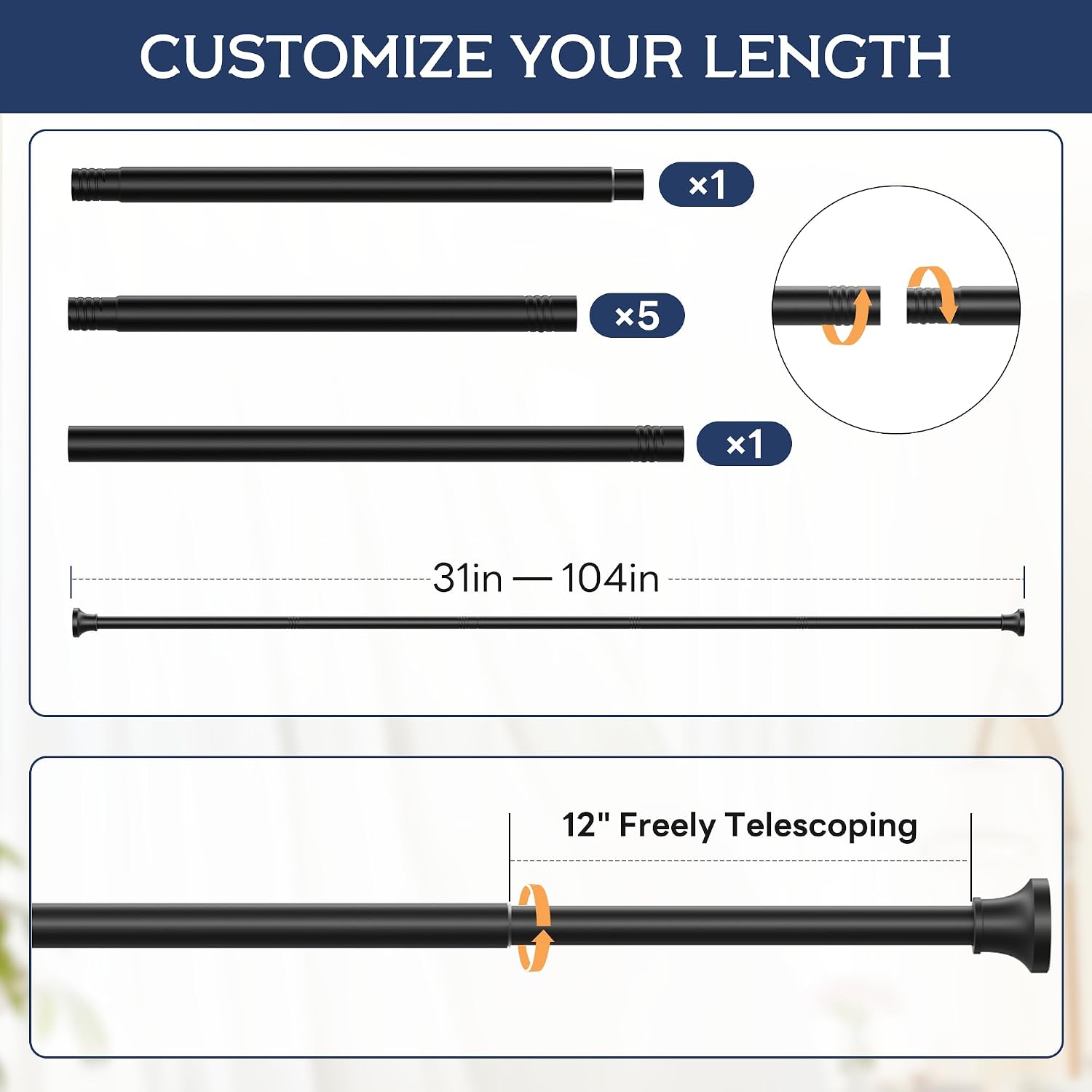 STARLATTA Tension Shower Curtain Rod, 31-104", Black
