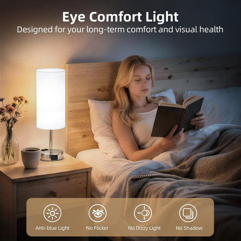 Table Lamp, Dimmable Touch, AC Outlet, USB A+C (White&Silver)