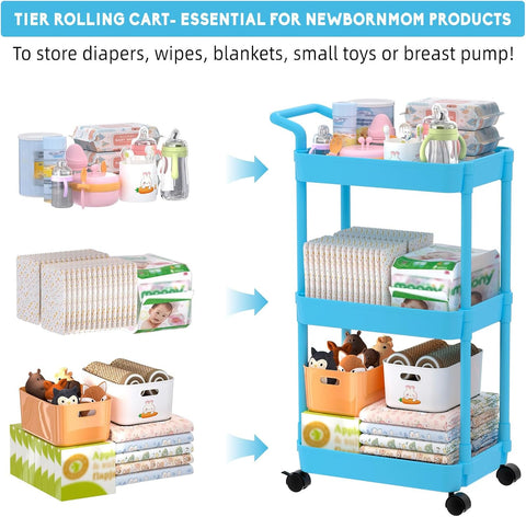 Volnamal Diaper Caddy, 3 Tier Rolling Cart for Baby Essentials, Blue
