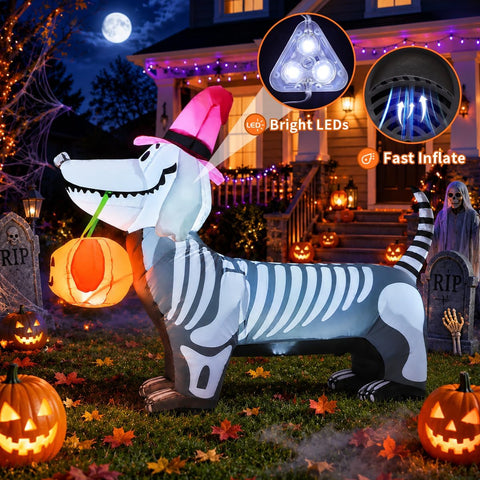GOOSH 5.5 FT Halloween Inflatables Outdoor Decorations Skeleton Puppy Inflatable Yard Decoration with Build-in LEDs Blow Up Pumpkin for Halloween Party Indoor Outdoor Yard Garden
