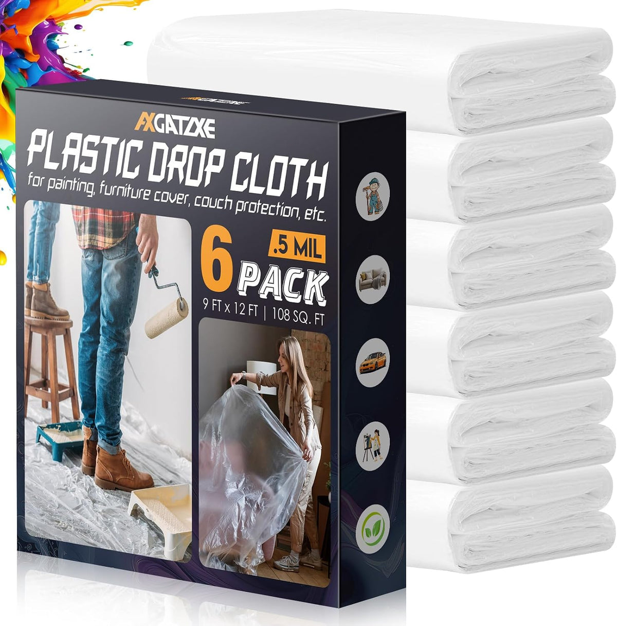 Axgatoxe 12 x 9 Ft Plastic Drop Cloths for Painting (6-Pack)