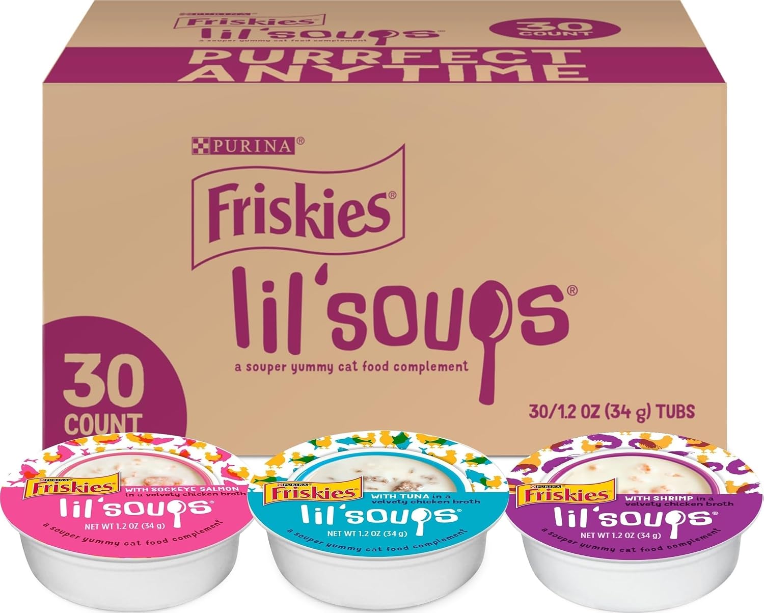 Purina Friskies Lil Soups Topper Variety Pack, 30 Count, 1.2 oz Cups