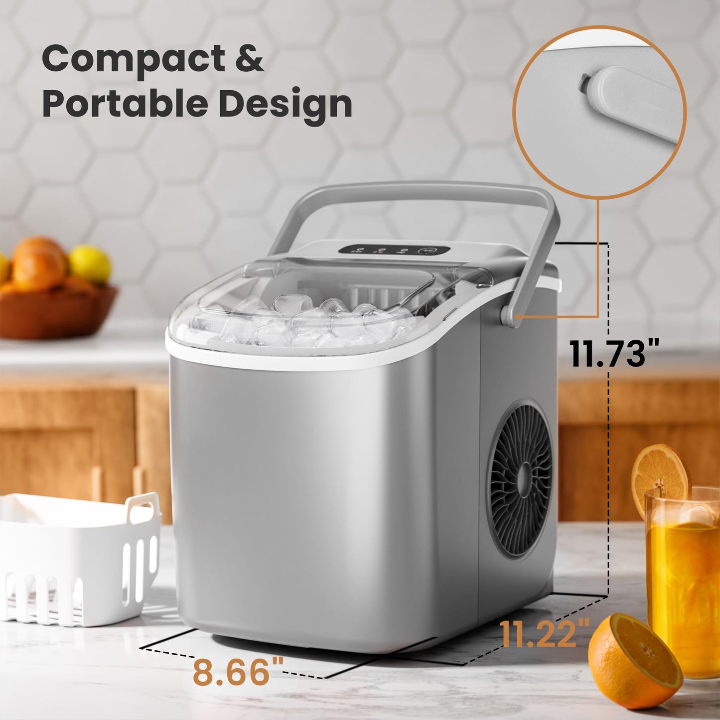 Portable Countertop Ice Maker Machine with Handle, 9 Bullet-Shaped Ice Cubes Ready in 6 Mins, 26Lbs/24H, Self-Cleaning Function with Ice Scoop and Basket for Home/Kitchen/Party (Grey)