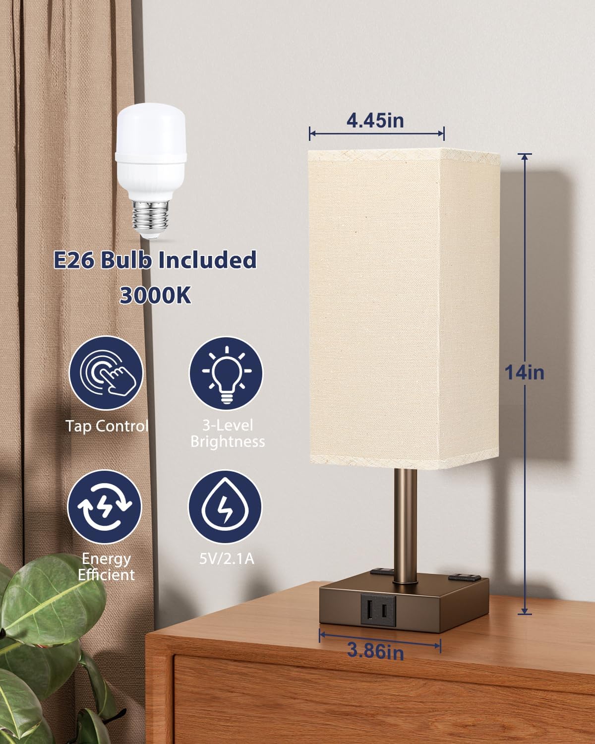 Brown Touch Table Lamp for Bedroom - Dimmable, USB C+A, 2 AC Outlets
