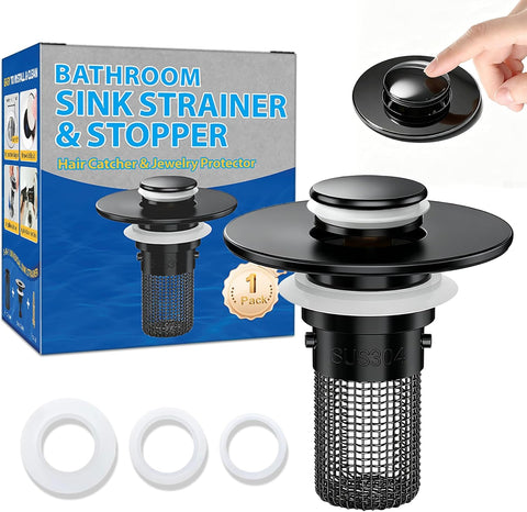 Bathroom Sink Drain Strainer, Pop-Up Bathroom Sink Stopper with Removable Stainless Steel Hair Catcher Basket, Universal Fit for US Bathroom Sinks, Showers & Floor Drains (1pcs-Black)