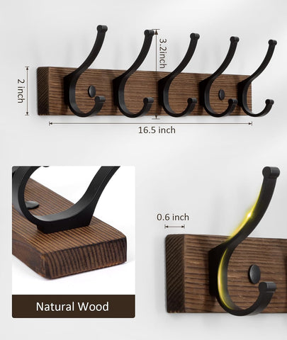 Optish Coat Rack Wall Mount, 16.5 Inches Wood Coat Hooks, Wall Hooks for Hanging, Hat Rack Bag Hanger Key Holder for Wall, Purse Hanger Towel Racks for Bathroom (1Pack, Brown)