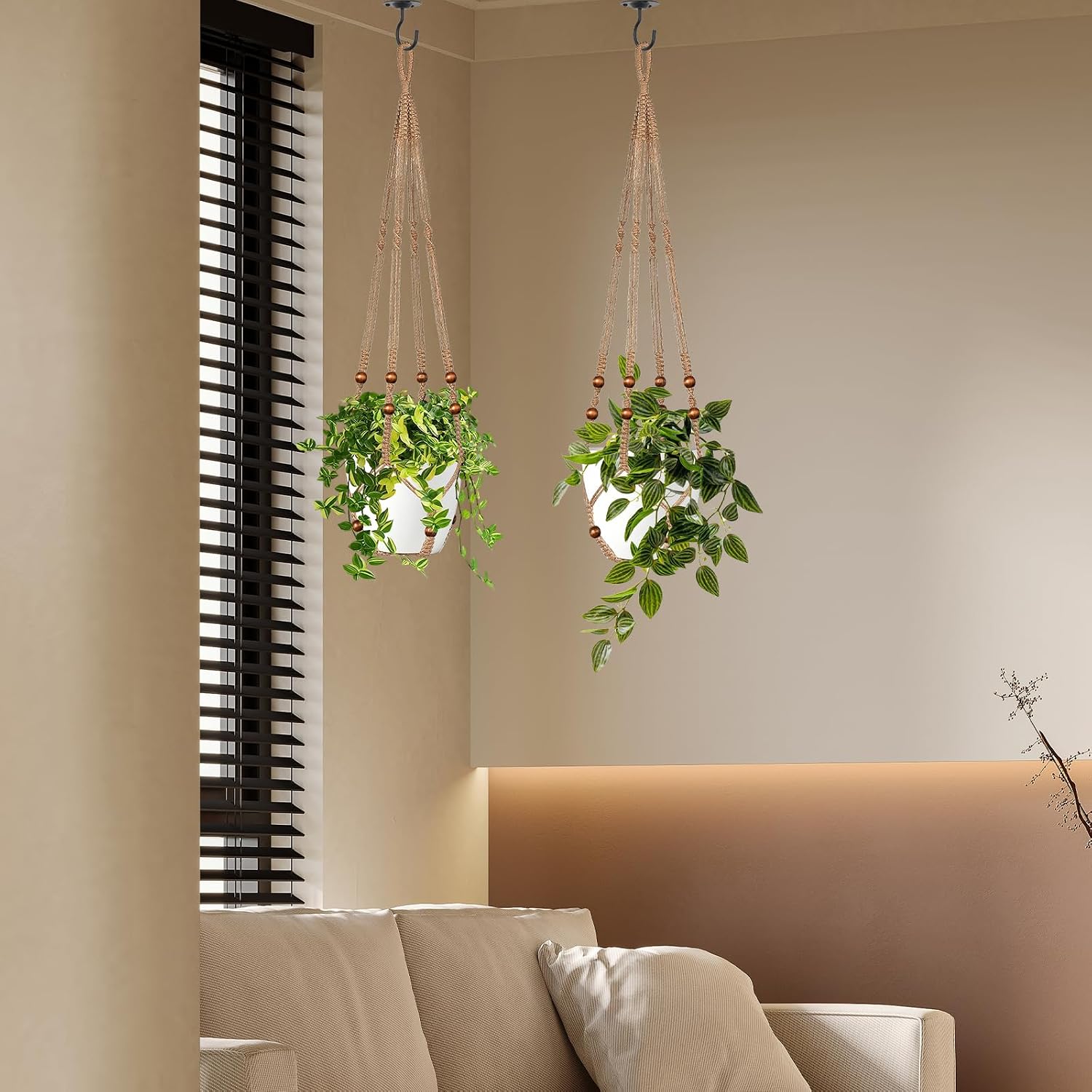 LEWESU Jute Macrame Plant Hanger Indoor Set of 4 Hanging Planter Basket Flower Pot Holder with Decorative Wood Beads & No Tassels for Indoor Outdoor Boho Home Decor, 35 Inch Brown (Pots Not Included)