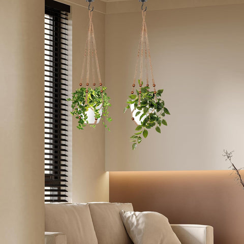 LEWESU Jute Macrame Plant Hanger Indoor Set of 4 Hanging Planter Basket Flower Pot Holder with Decorative Wood Beads & No Tassels for Indoor Outdoor Boho Home Decor, 35 Inch Brown (Pots Not Included)