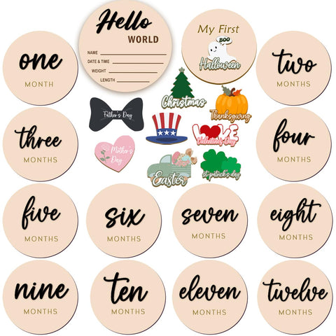 Monthly Baby Milestone Maker Discs, Baby Milestone Signs for Newborn Baby, Hello World Newborn Sign for Girl & Boy, Baby Announcement Sign for 1-12 Month, Milestone Wooden Circles (Sage) (Black)