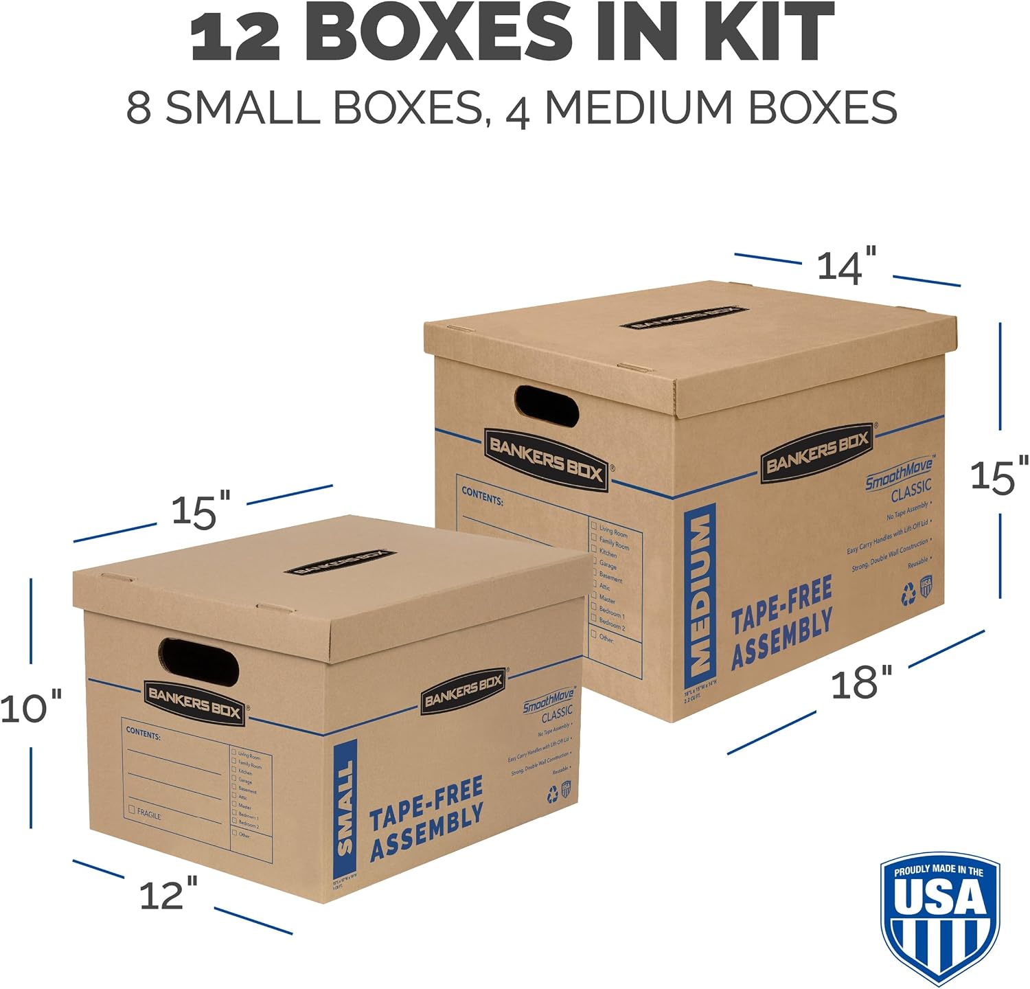 Bankers Box Classic Moving Box 12 Pack Kit, Reinforced Handles, Tape-Free Assembly, Box with Lid, 8 Small and 4 Medium Boxes (7716401) | Take the guesswork out of moving with a mixed box kit built for small, medium, and large household items.