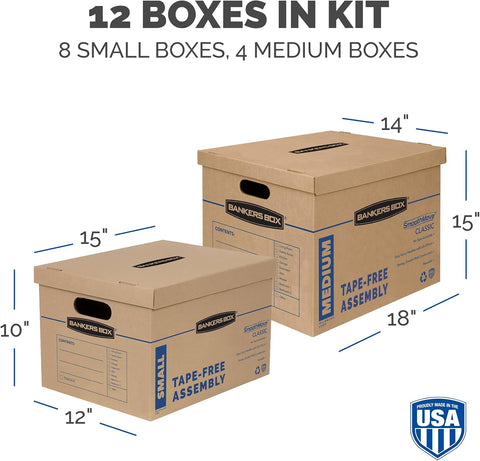 Bankers Box Classic Moving Box 12 Pack Kit, Reinforced Handles, Tape-Free Assembly, Box with Lid, 8 Small and 4 Medium Boxes (7716401) | Take the guesswork out of moving with a mixed box kit built for small, medium, and large household items.