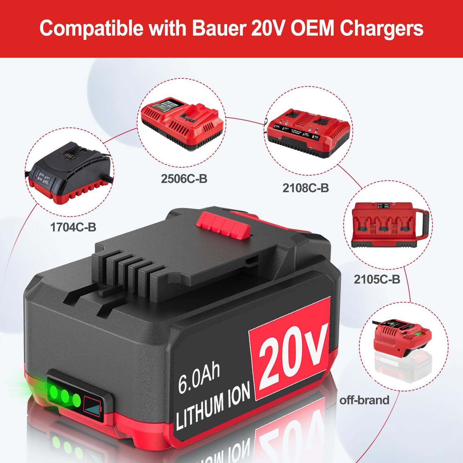 FSKE 6000mAh Replacement for Bauer 20V Lithium Battery 1907C-B 2Packs