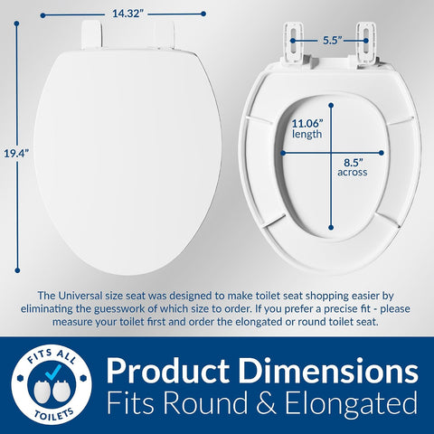Mayfair Universal Size Slow Close Toilet Seat, Durable Plastic, Fits Round & Elongated Toilets, White