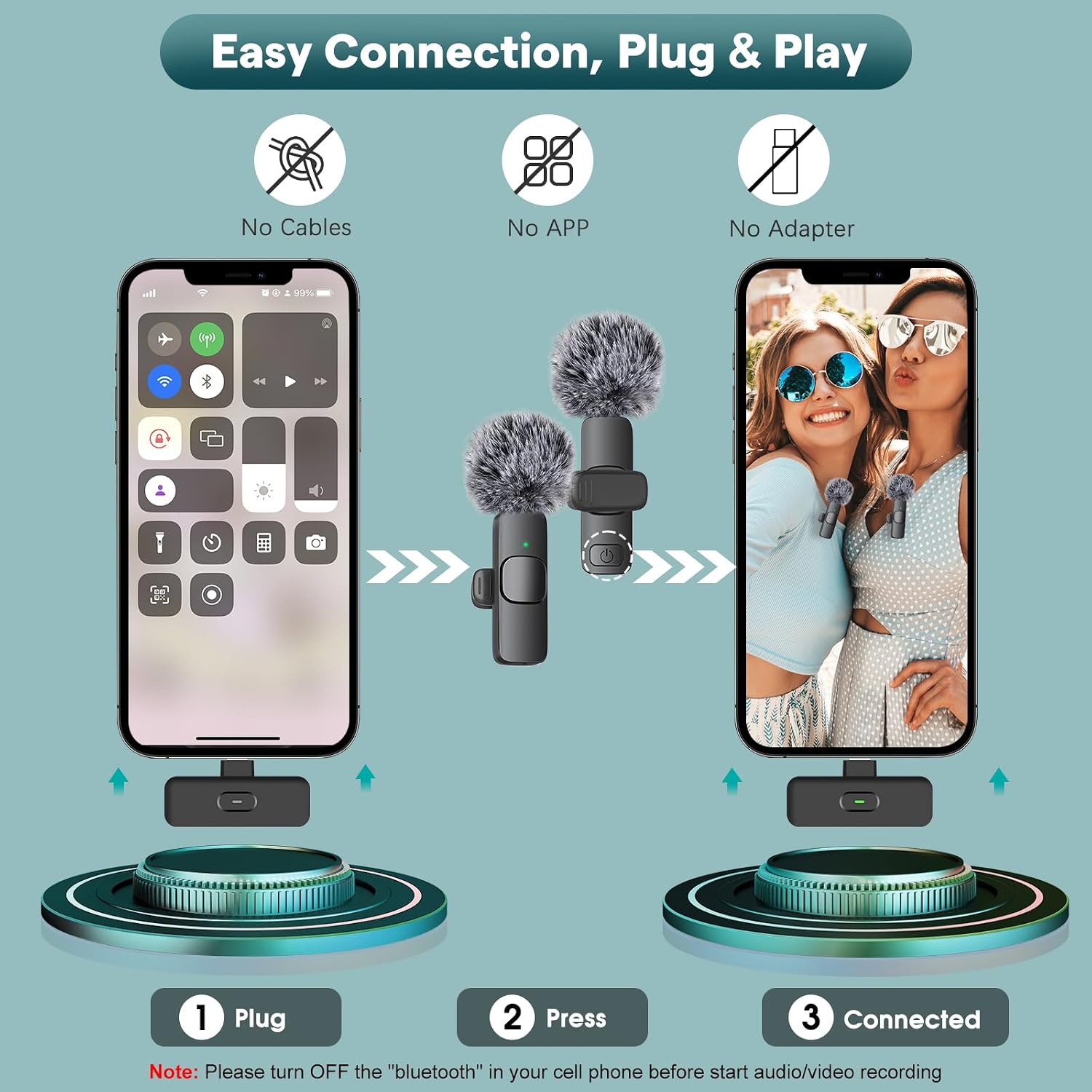 MAYBESTA Wireless Mini Microphone for iPhone, Android Phone - 2 Pack Lavalier Lapel Mic for Audio Video Recording - Clip on Content Creator Microphones for YouTube Tiktok Podcast Vlogging