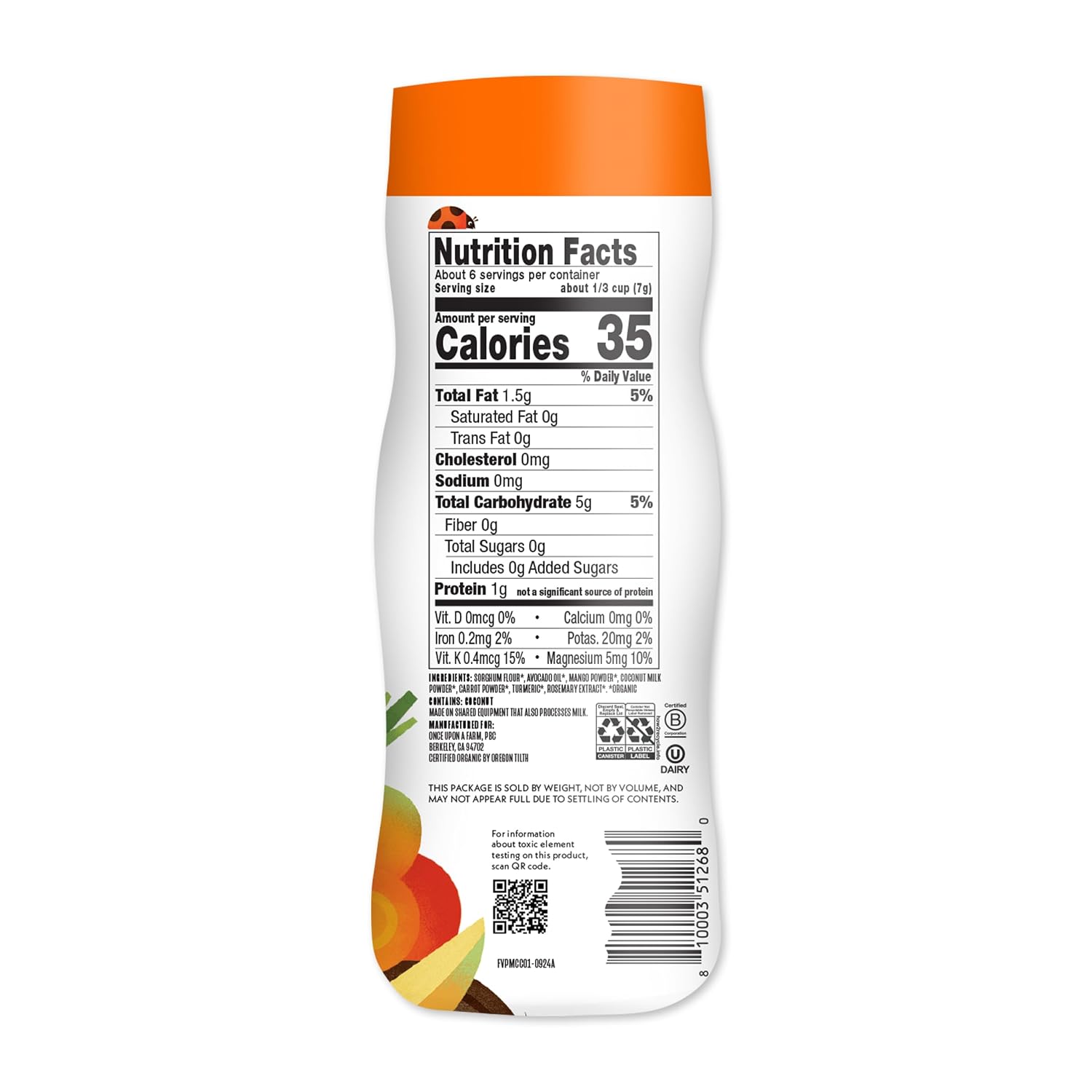 Once Upon A Farm Mango, Coconut & Carrot Puffed Sorghum Snack, Fruit & Veggie Puffs, Non GMO, 1.5 Ounces (Pack Of 6)