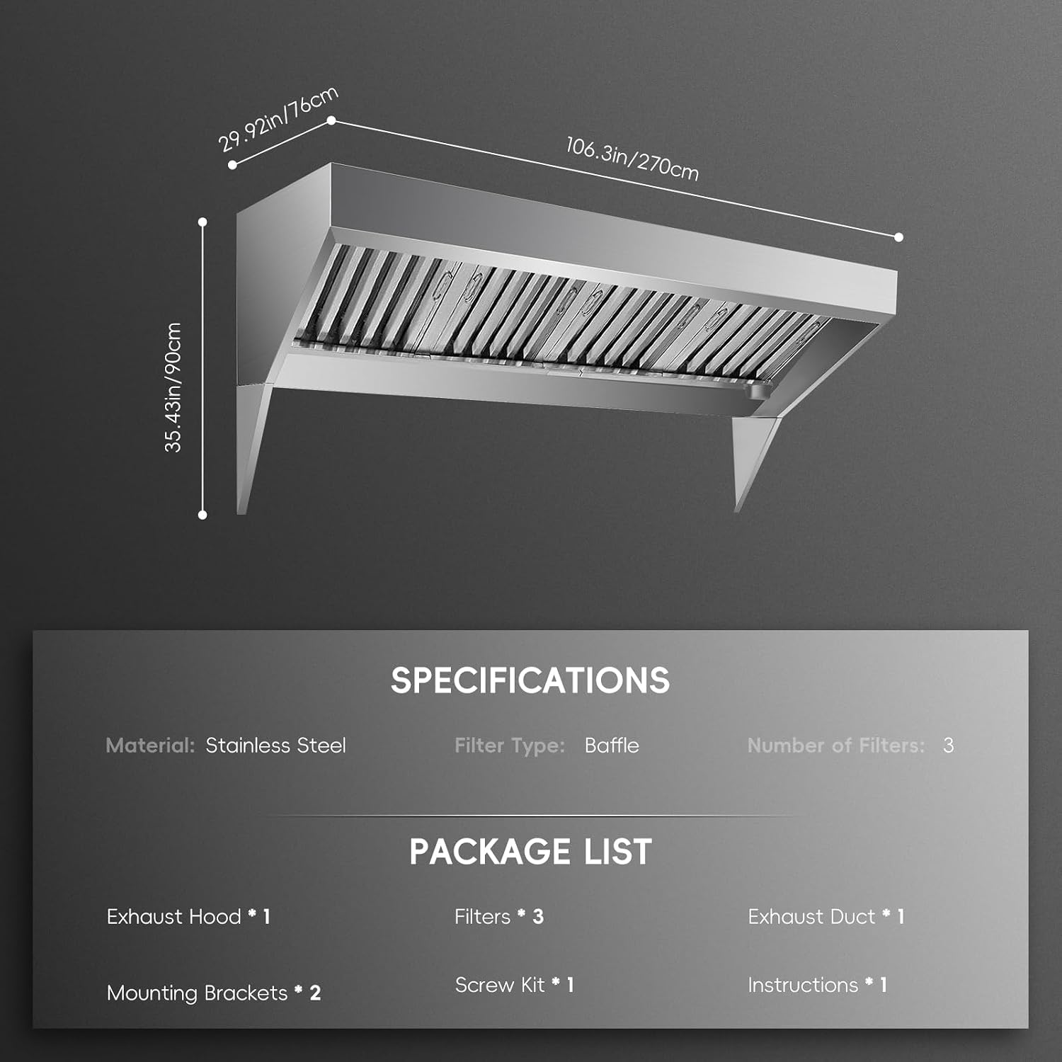 Commercial Kitchen Exhaust Hood, Heavy-Duty 201/403 Stainless Steel - Wall-Mount Range Hood with Detachable U-Shaped Baffle Grease Filters - Rust-Resistant - 9FT