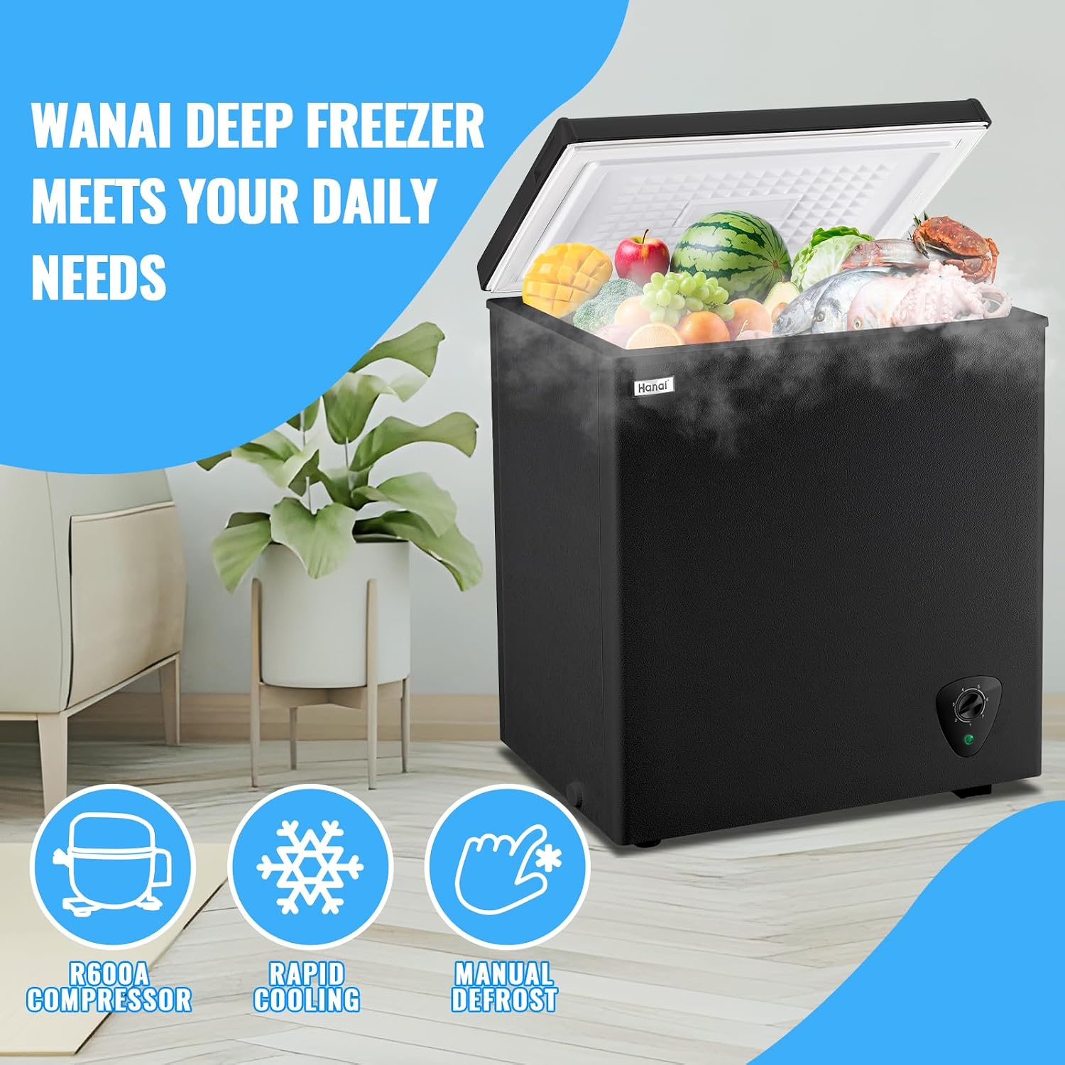 WANAI Chest Freezer Small Deep Freezer with Large Capacity Fast Freezing Freezers for Home Office Dorm with One Removable Basket, Wheels & Adjustable Feet, 7 Temp Control from -12℉ to 50℉, Black