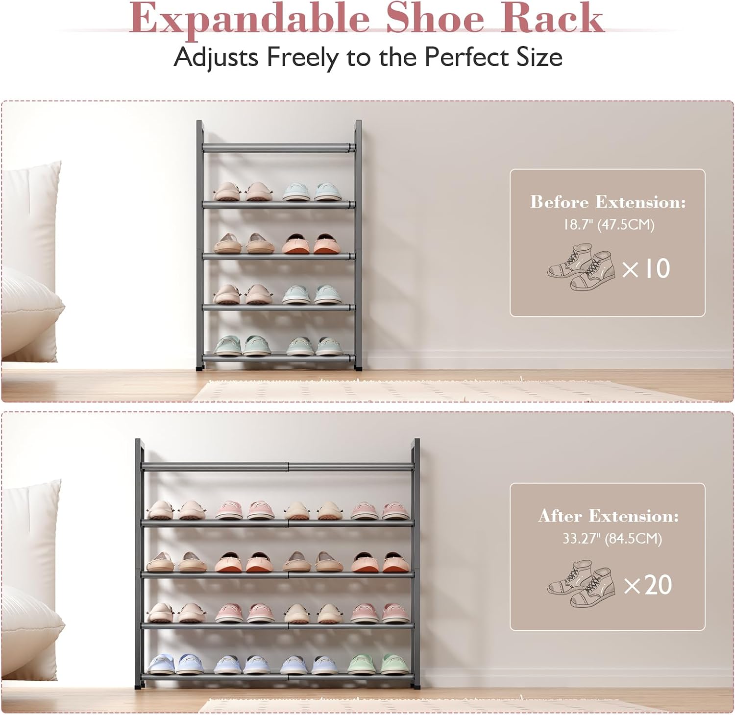 Bumusty 5 Tier Expandable Shoe Rack for Closet, Grey