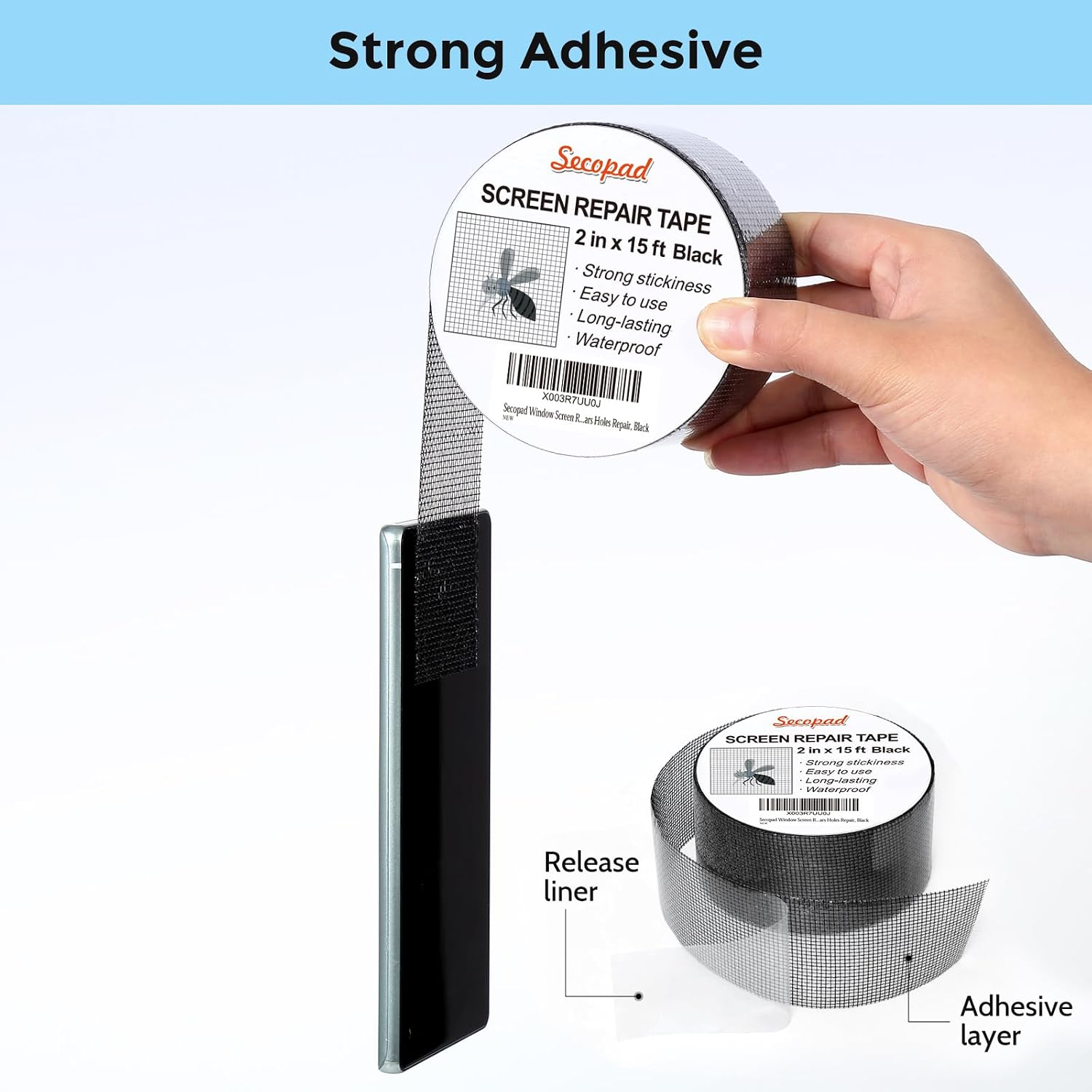 Secopad Black Window Screen Repair Tape, 2 in X 15 FT (180IN) Screen Repair Kit for Windows or Doors, Strong Adhesive Screen Patch Fiberglass Screen Tape Mesh Repair (Pack of 2)