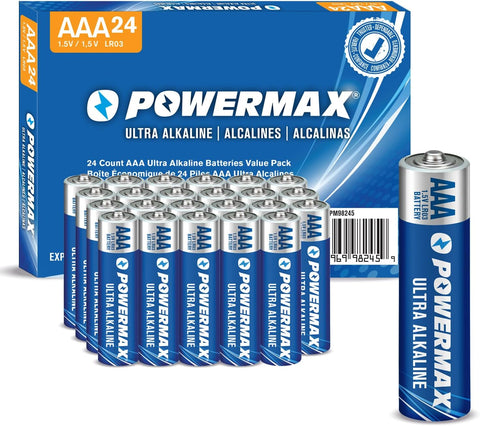 Powermax 24-Count Triple AAA Batteries, Ultra Long Lasting Alkaline Battery for Home and Office, 10-Year Shelf Life, Reclosable Packaging