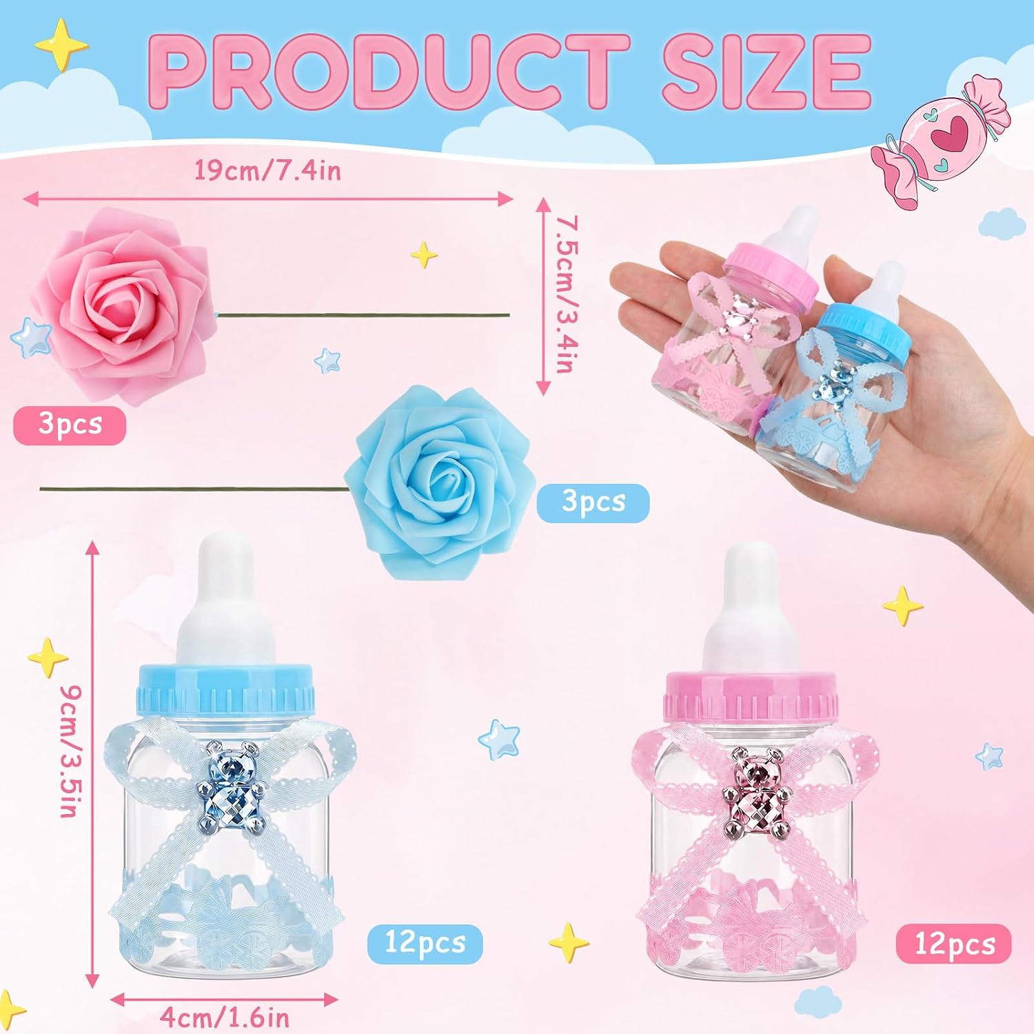 24Pcs 3.5" Baby Bottle Candy Boxes+ 6 Artificial Roses Baby Shower Favors