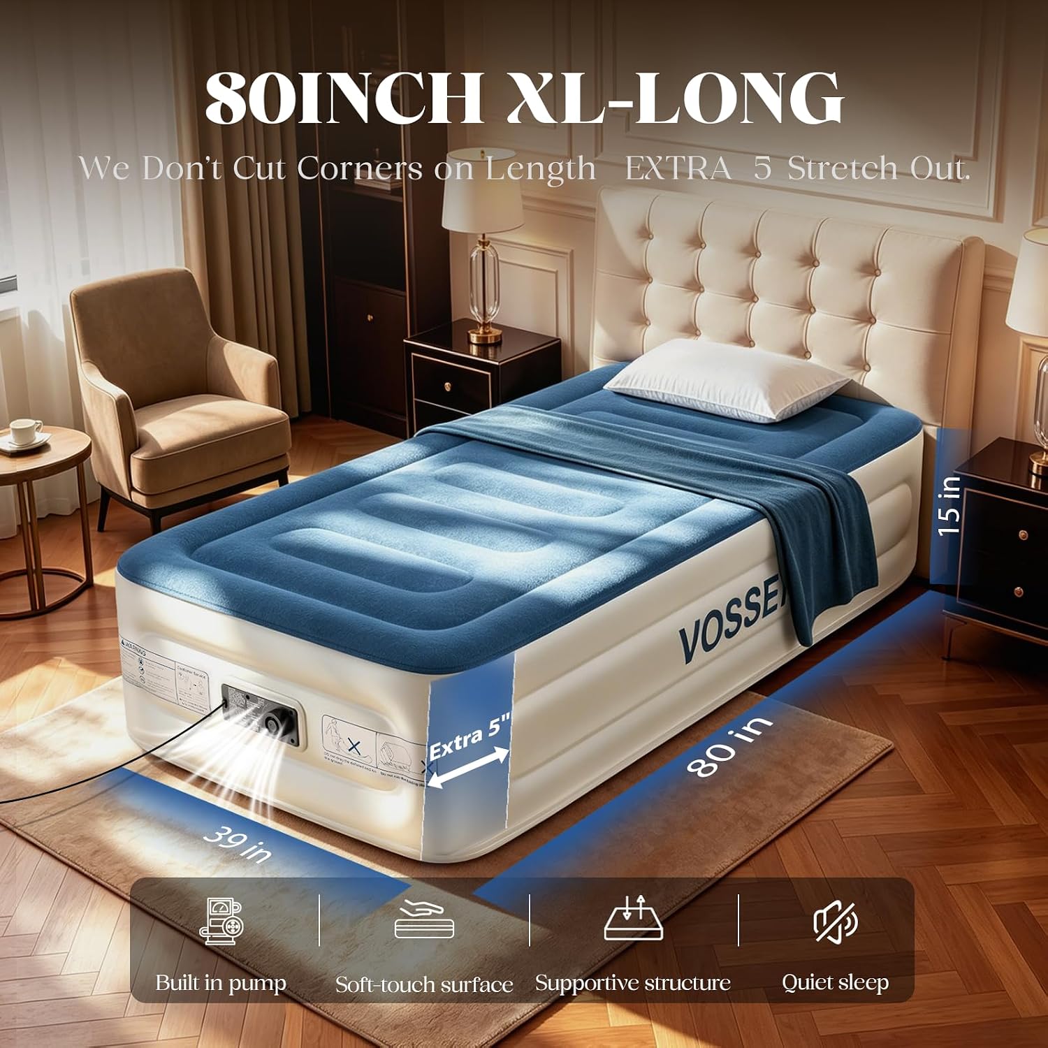 VOSSER Twin Air Mattress with Built in Pump,XL-Long Blow up Mattress,500lb