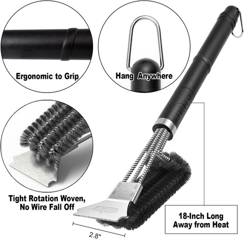 GRILLART Grill Brush and Scraper BBQ Brush for Grill, Safe 18" Stainless Steel Woven Wire 3 in 1 Bristles Grill Cleaning Brush, BR-4516