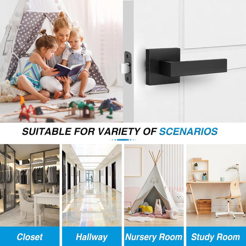 Plustool 4 Pack Black Door Handles Interior, Passage Door Levers for Hallway & Closet, Interior Closet Door Knobs Heavy Duty Square Non-Locking Handlesets, Reversible for Left & Right Sided Doors