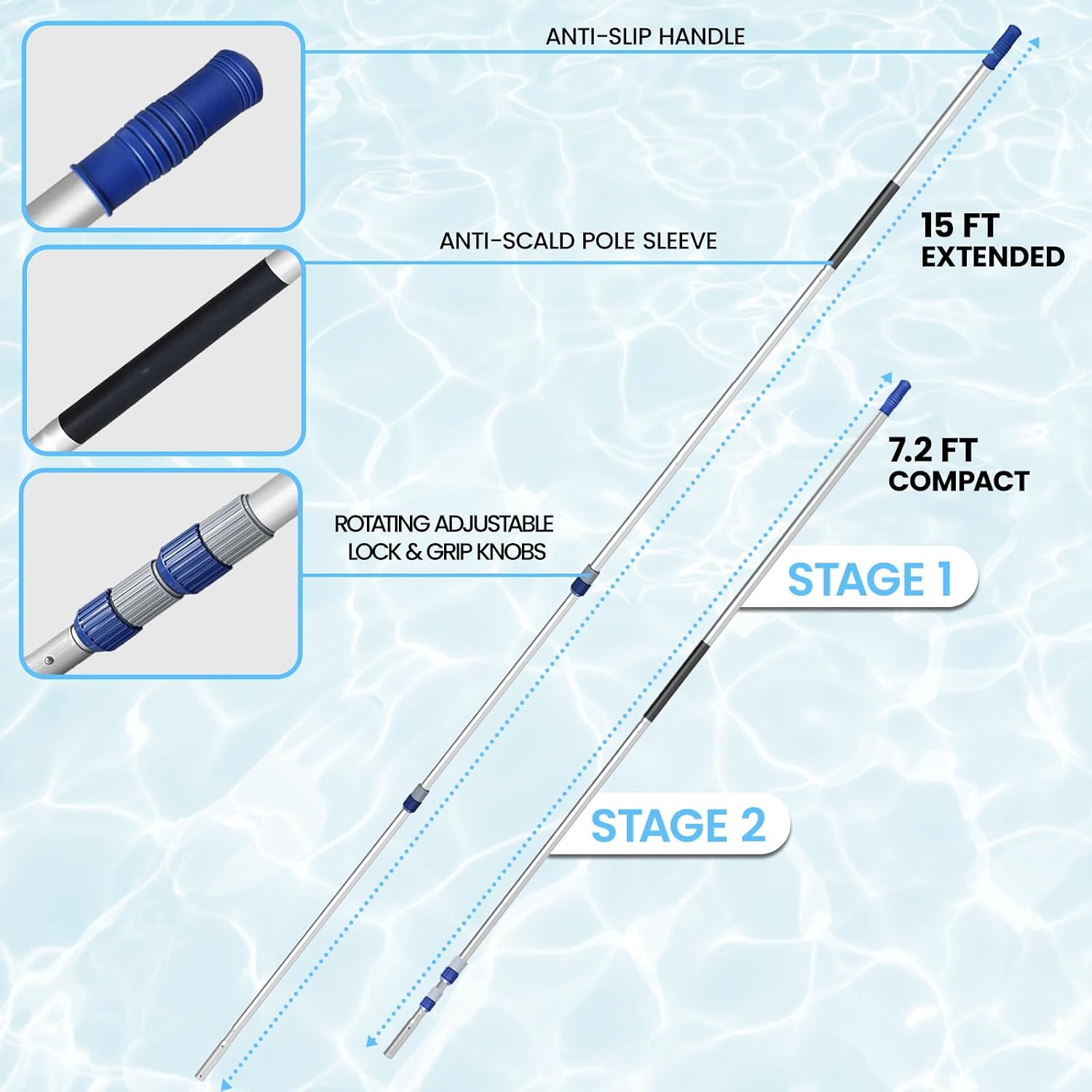 Poolvio 15FT 3-Piece Telescopic Pool Pole with Universal Threaded Tip