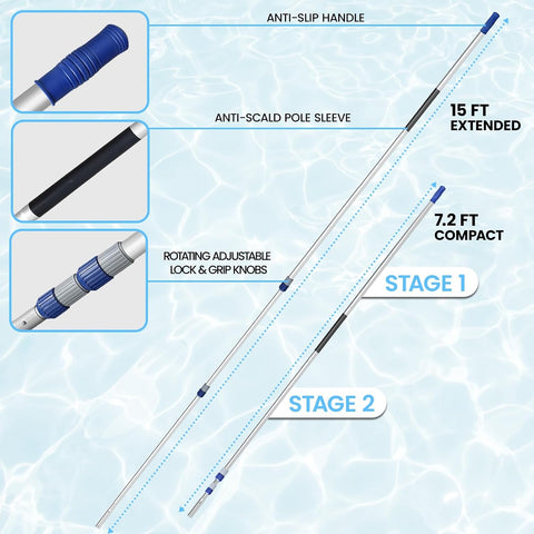 Poolvio 15FT 3-Piece Telescopic Pool Pole with Universal Threaded Tip