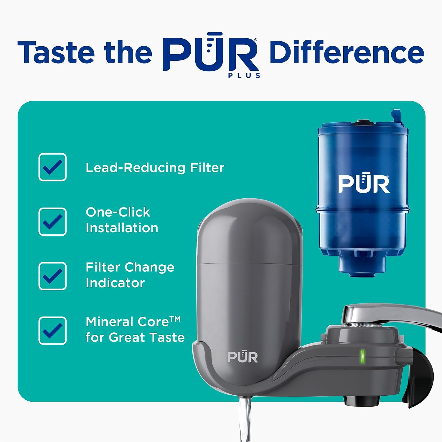 PUR Plus Faucet-Mount Water Filtration System, Lead-Reducing Filter, Grey