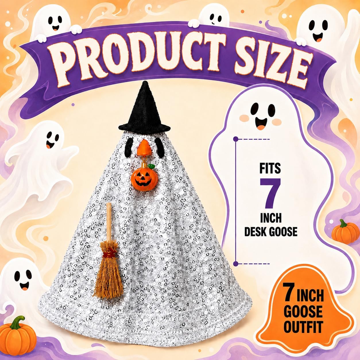 7 Inch Desk Goose Outfits, Mini Desktop Fall Goose Pumpkin Outfit, Ghost Desk Goos Outfits (Silver Halloween Costume)