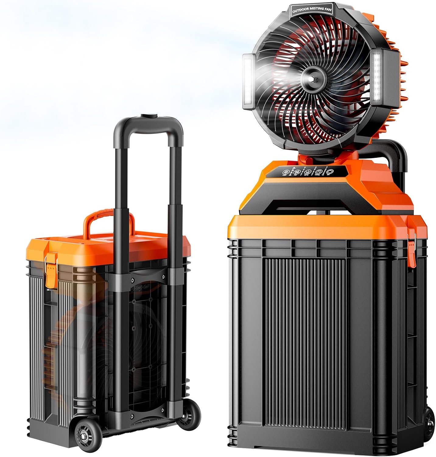 40000mAh Portable Misting Fan, 62H Max Runtime Rechargeable Mister Fan with 15L Bucket, Retractable Handle, Wide-Angle Oscillating Mist Fan for Outside Patios Golf Sports Camping Essentials